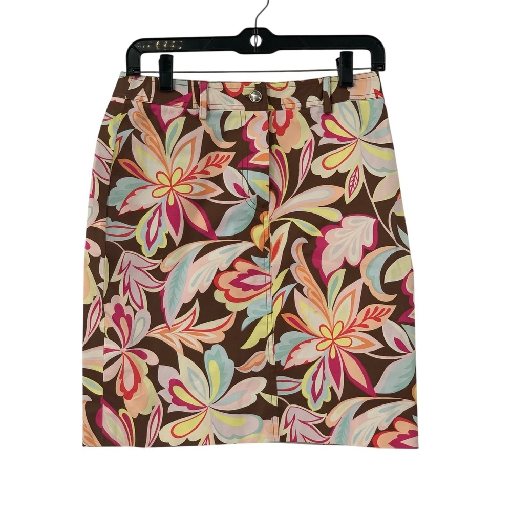 Etcetera Womens Floral Print Pencil Skirt Brown Yellow Pink Career Casual Size 2